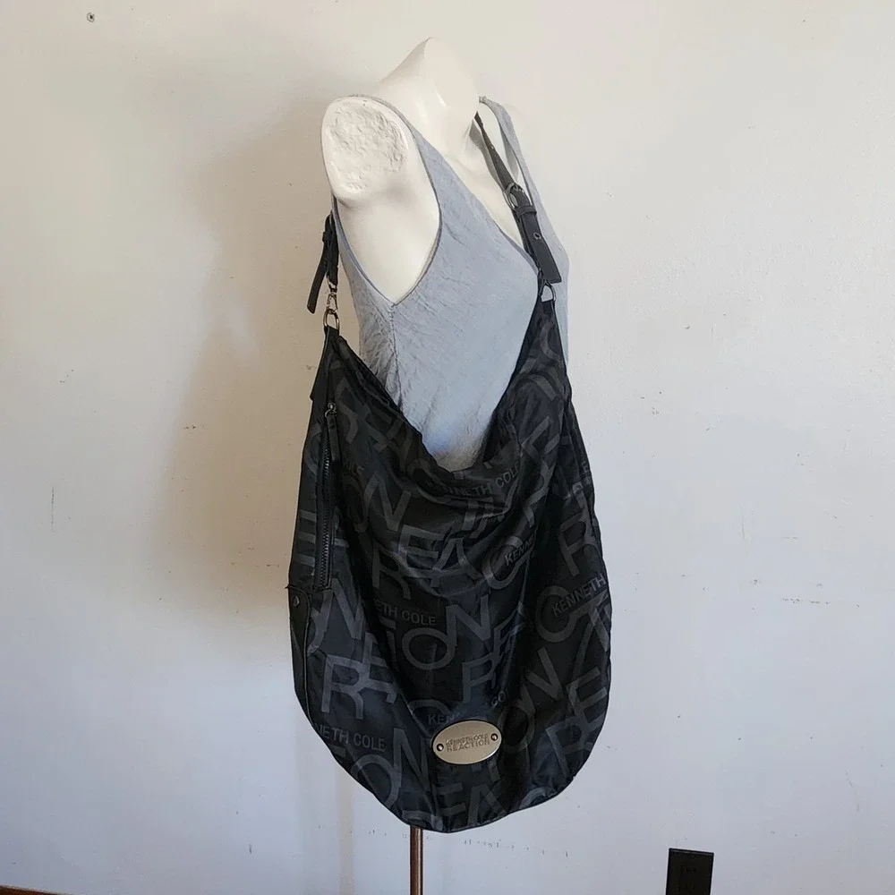 Kenneth Cole Reaction Nylon Slouchy Hobo Bag Black Monogrammed Oversized Casual